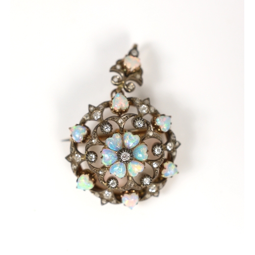 426 - A Victorian gold and silver, heart shaped white opal and old round cut diamond cluster set circular ... 