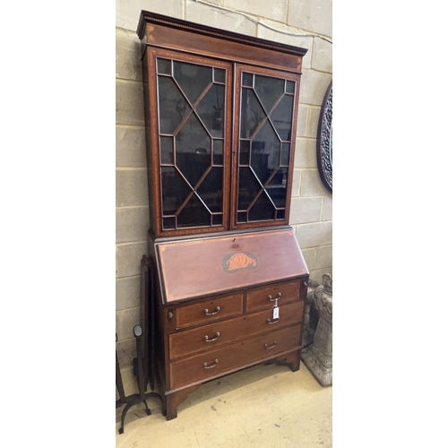 2008 - An Edwardian inlaid mahogany bureau bookcase, width 92cm depth 46cm height 205cm