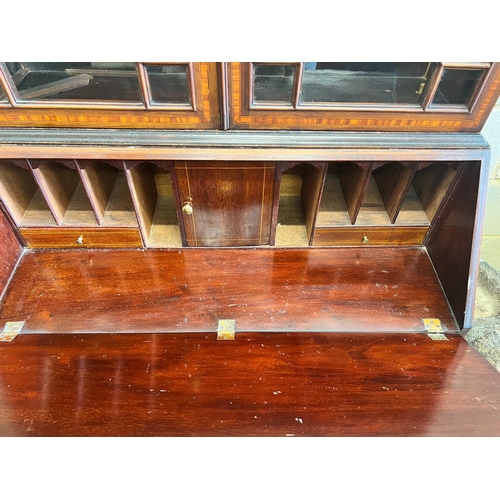 2008 - An Edwardian inlaid mahogany bureau bookcase, width 92cm depth 46cm height 205cm