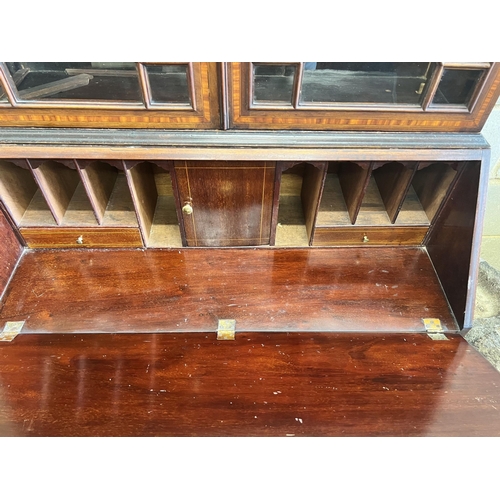 2008 - An Edwardian inlaid mahogany bureau bookcase, width 92cm depth 46cm height 205cm