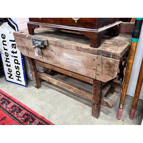 2012 - A vintage pine workbench with vice, width 122cm, depth 53cm, height 87cm