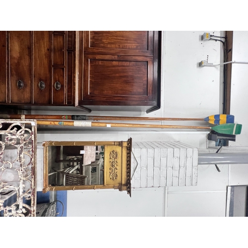 2018 - Two vintage wood oars, one by Aylings of Surrey with painted blades, larger length 384cm