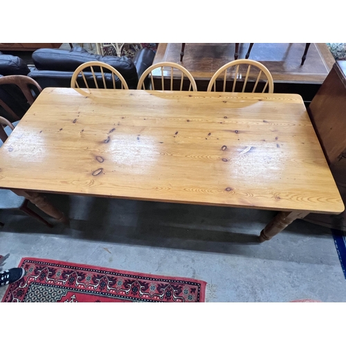 2036 - A Victorian style rectangular pine kitchen table, length 183cm, width 86cm, height 76cm