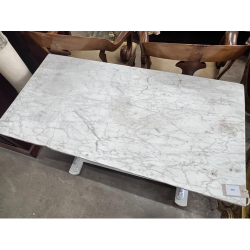 2046 - A Victorian painted cast iron garden table with rectangular marble top, length 97cm, depth 50cm, hei... 