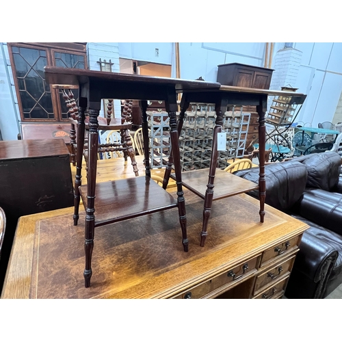 2054 - A near pair of late Victorian mahogany and walnut square two tier bedside tables, 48cm, height 66cm... 