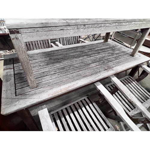 2060 - Four Westminster teak folding garden elbow chairs, Indian Ocean weathered teak rectangular garden ta... 