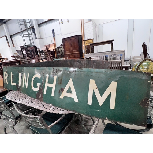 2069 - A vintage green and white enamelled railway platform sign for Upper Warlingham, in two sections, app... 