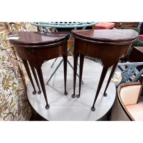 2098 - A near pair of small George II style red walnut D shaped folding tea tables, width 45cm, depth 22cm,... 