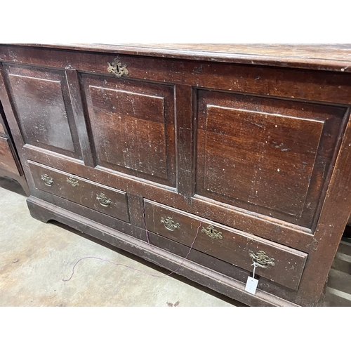 2118 - A mid 18th century oak mule chest with squared triple panelled front, width 151cm, depth 50cm, heigh... 