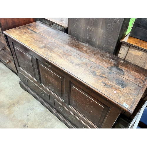 2118 - A mid 18th century oak mule chest with squared triple panelled front, width 151cm, depth 50cm, heigh... 