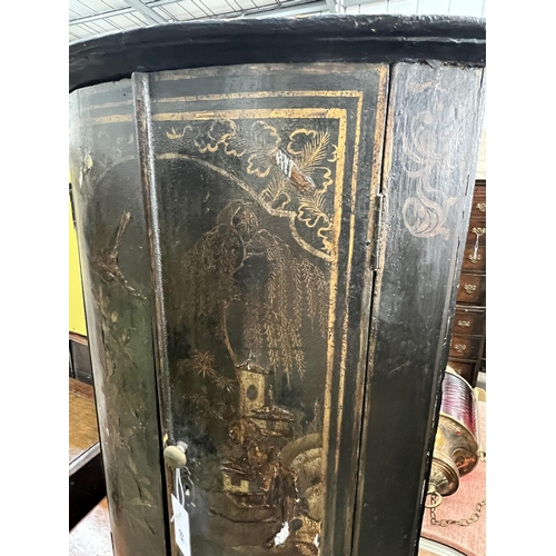 2120 - A 19th century chinoiserie lacquer bowfront hanging corner cabinet, width 56cm, depth 34cm, height 9... 