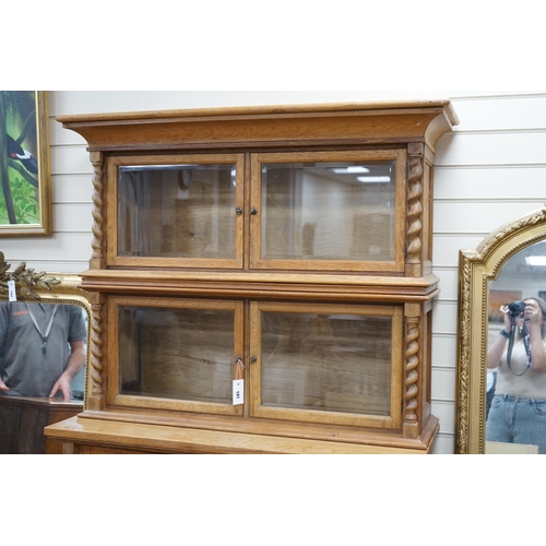 2163 - An early 20th century oak three part side cabinet, width 105cm, depth 47cm, height 188cm