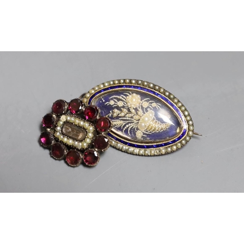 2975 - A Victorian yellow metal, garnet and seed pearl set mourning brooch, with plaited hair below a glaze... 