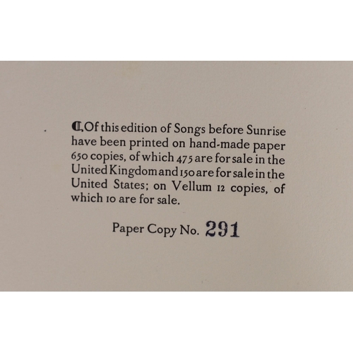 61 - ° ° Swinburne, Algernon Charles - Songs before Sunrise, one of 650, 4to, limp vellum with gilt lette... 