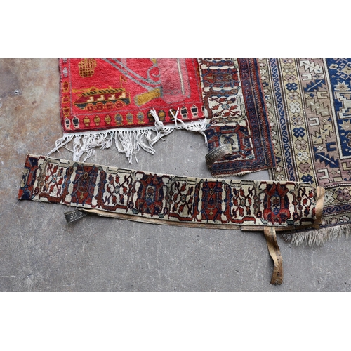 113 - An antique Caucasian Derbend rug, 160 x 108cm, a smaller red ground rug and rug fragments