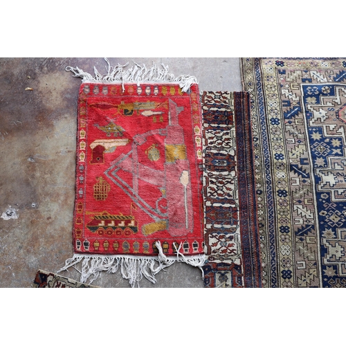 113 - An antique Caucasian Derbend rug, 160 x 108cm, a smaller red ground rug and rug fragments