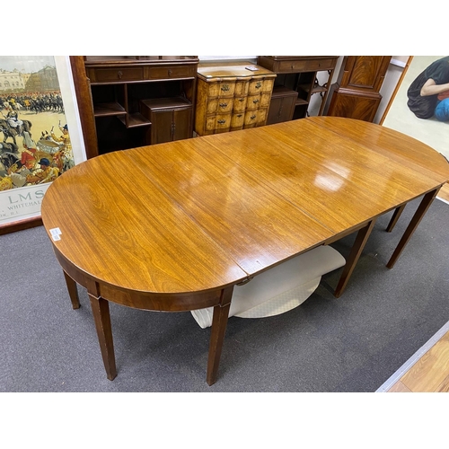 137 - A George III mahogany extending D end dining table, 240cm extended, depth 105cm, height 70cm