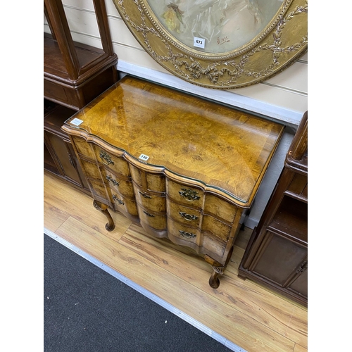 146 - A Queen Anne revival burr walnut serpentine chest of drawers, width 75cm, depth 44cm, height 80cm... 