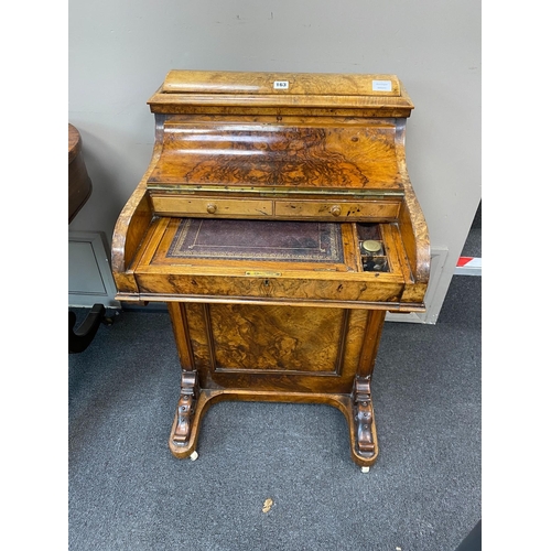 163 - A Victorian burr walnut pop-up piano front davenport, width 57cm, depth 56cm, height 87cm