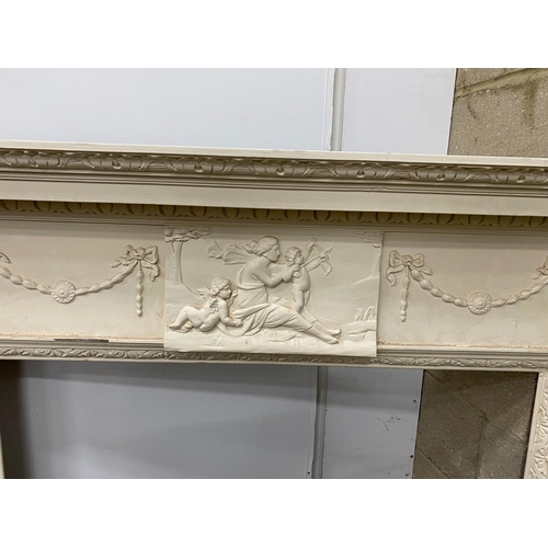 20 - A George III style painted pine and composition fire surround with classical frieze, width 144cm, de... 