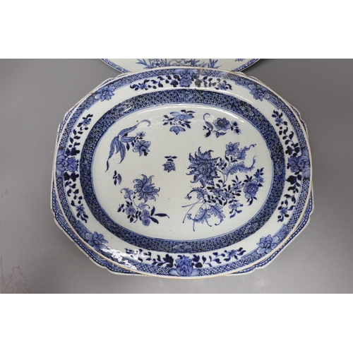 268 - Three Chinese export blue and white dishes, 18th/19th century,largest 42 cms wide,