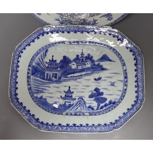 268 - Three Chinese export blue and white dishes, 18th/19th century,largest 42 cms wide,