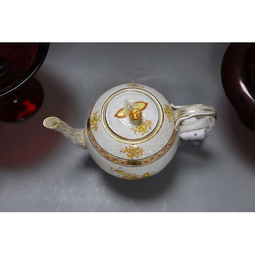 272 - A Meissen figure of boy, two Meissen twin section salts, a Herend teapot and two matchbox holders, t... 