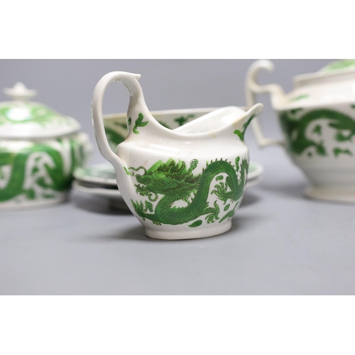 274 - An English porcelain green dragon design part teaset, c.1820,teapot 18 cms high,