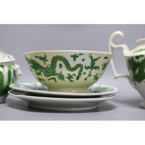 274 - An English porcelain green dragon design part teaset, c.1820,teapot 18 cms high,