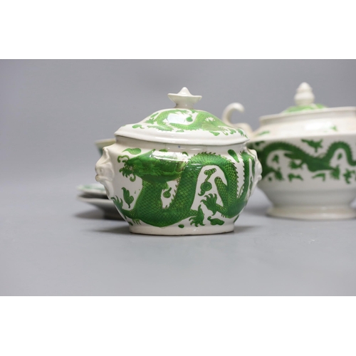 274 - An English porcelain green dragon design part teaset, c.1820,teapot 18 cms high,