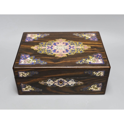 275 - A French rosewood brass inlay and enamelled box, interior missing,31 cms wide x 12 cms high,... 