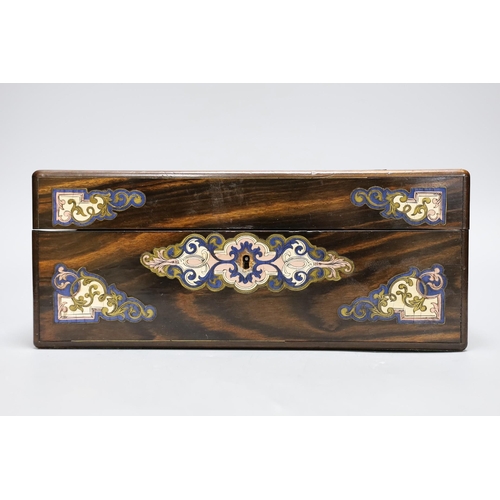 275 - A French rosewood brass inlay and enamelled box, interior missing,31 cms wide x 12 cms high,... 