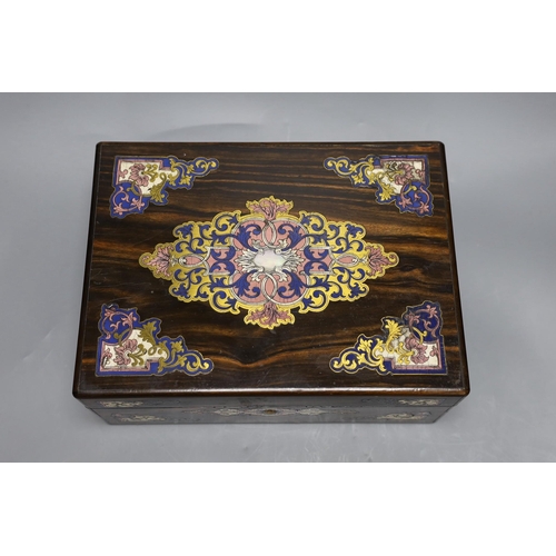 275 - A French rosewood brass inlay and enamelled box, interior missing,31 cms wide x 12 cms high,... 