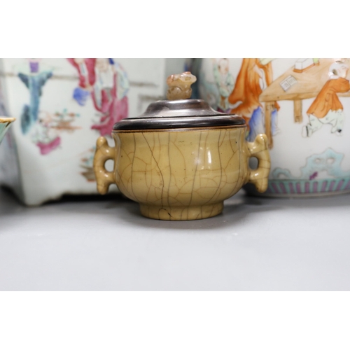 277 - A 19th century Chinese famille rose planter, a jar and cover, two bowls and a crackle ware censer an... 