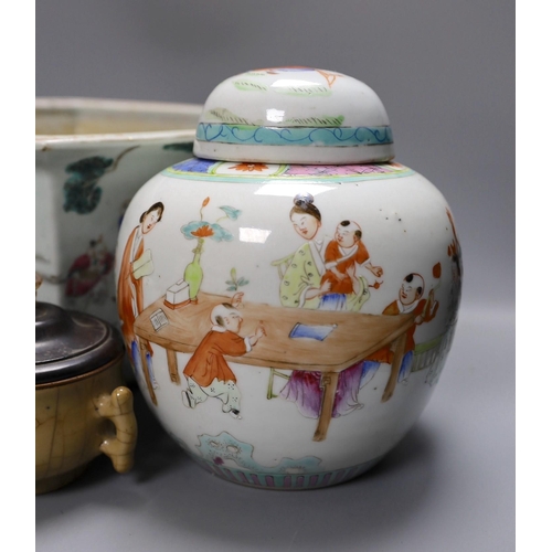 277 - A 19th century Chinese famille rose planter, a jar and cover, two bowls and a crackle ware censer an... 