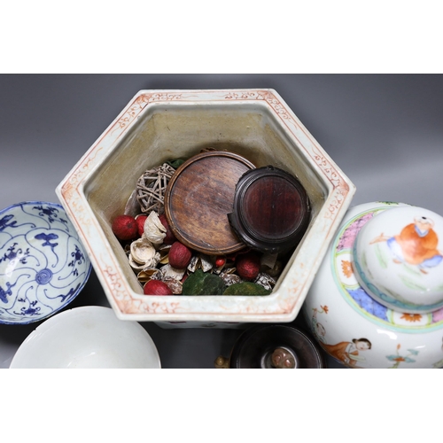 277 - A 19th century Chinese famille rose planter, a jar and cover, two bowls and a crackle ware censer an... 