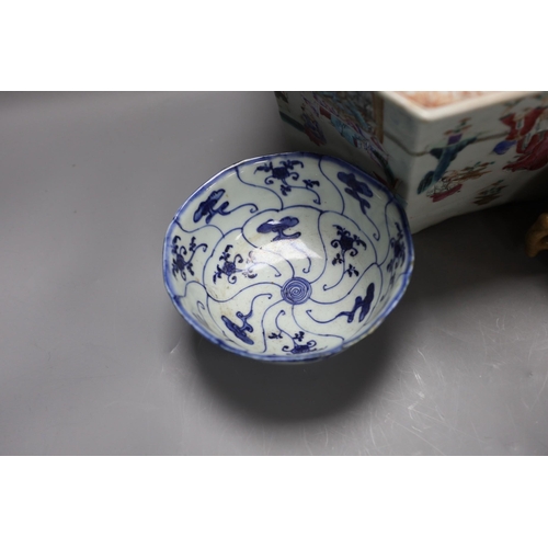 277 - A 19th century Chinese famille rose planter, a jar and cover, two bowls and a crackle ware censer an... 