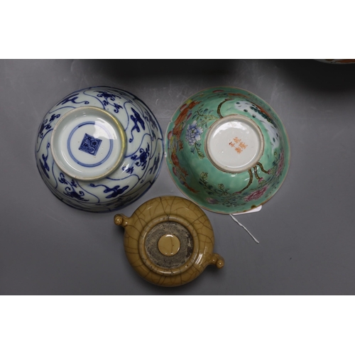 277 - A 19th century Chinese famille rose planter, a jar and cover, two bowls and a crackle ware censer an... 