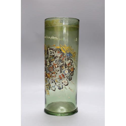 278 - A German glass Humpen with collector's labels on base, painting a little worn, circa 18th century,39... 