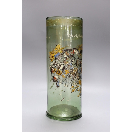 278 - A German glass Humpen with collector's labels on base, painting a little worn, circa 18th century,39... 