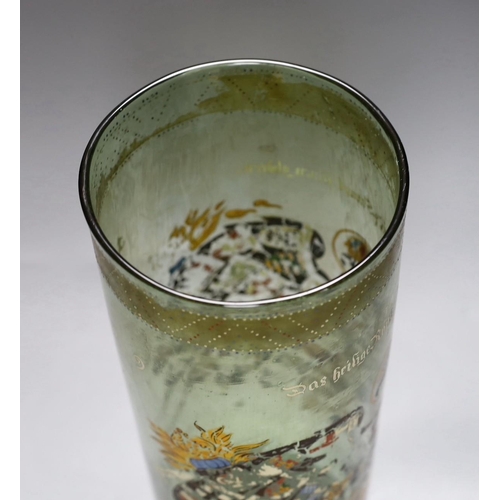 278 - A German glass Humpen with collector's labels on base, painting a little worn, circa 18th century,39... 