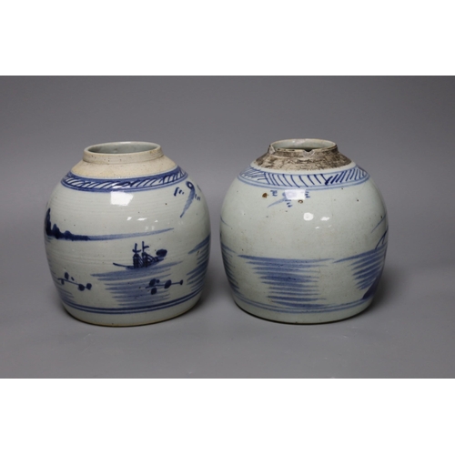 280 - Two 18th century Chinese provincial blue and white jars,tallest 17 cms high,