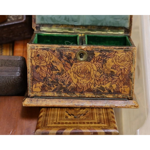 297 - A selection of various boxes, to include a leather jewellery box, wooden inlaid card boxes and other... 