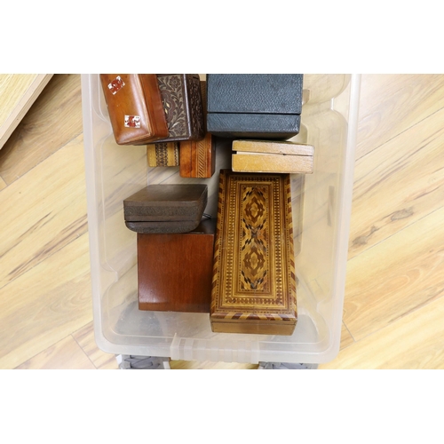 297 - A selection of various boxes, to include a leather jewellery box, wooden inlaid card boxes and other... 