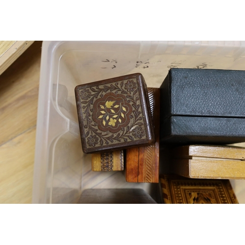 297 - A selection of various boxes, to include a leather jewellery box, wooden inlaid card boxes and other... 