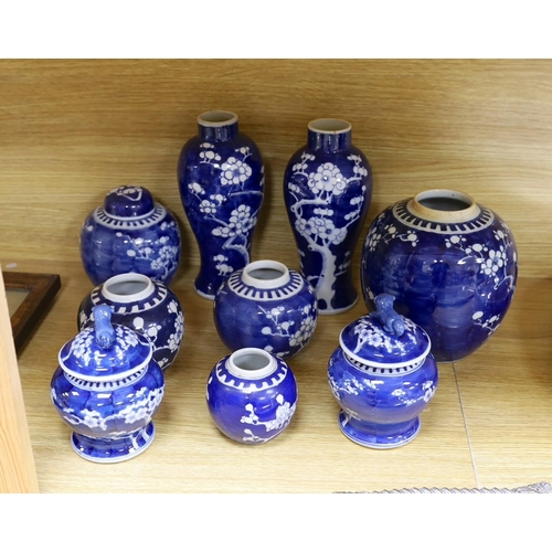 304 - A group of Chinese blue and white prunus vases and jars and covers and jars,pair of vases 23 cms hig... 