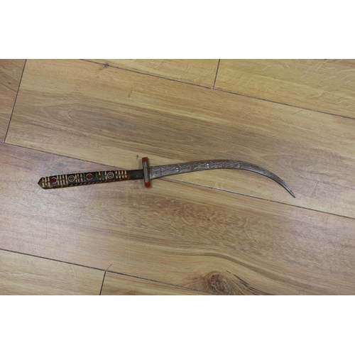 312 - A George V military dress sword in brown leather covered scabbard, 102cm long, and a Middle Eastern ... 