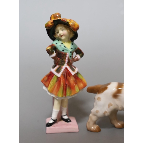 318 - A Royal Doulton figure,Party Girl, HN 2036, two Bing and Grondahl birds and a dog,figure 14 cms hi... 