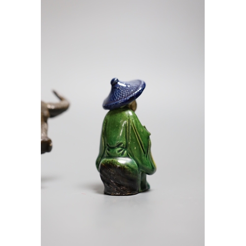 322 - A Chinese Shiwan group of a girl on a buffalo and another,Girl on buffalo 20 cms wide,