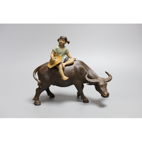 322 - A Chinese Shiwan group of a girl on a buffalo and another,Girl on buffalo 20 cms wide,